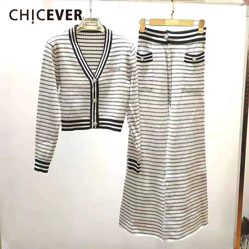 

CHICEVER Casual Two Piece Set For Women V Neck Long Sleeve Top High Waist Trousers Striped Suit Women's Clothing Summer 2021 New