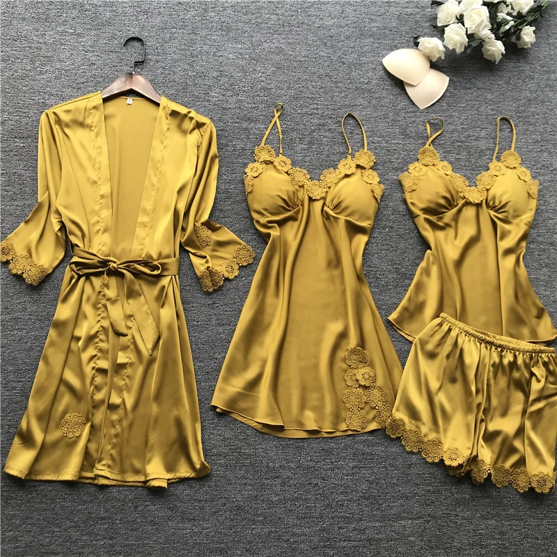 2020 весенний сексуальный женский халат и платье с v образным вырезом 4 штуки Пижама