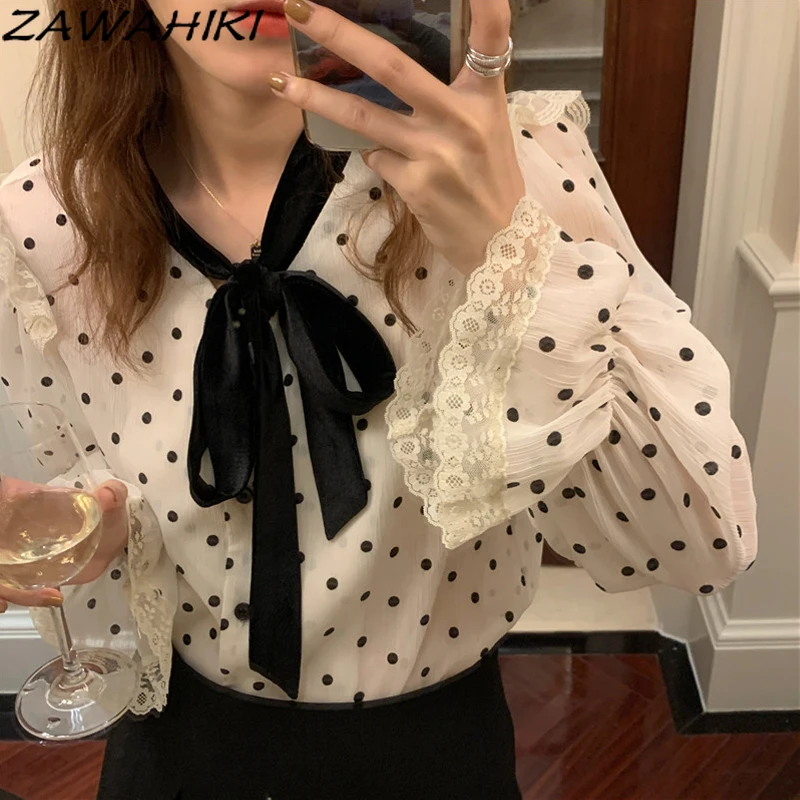 

ZAWAHIKI Polka Dot Chiffon Bow Collar Drawstring Sweet Blusas Mujer De Moda 2021 Spring Long Sleeve Loose Women's Blouse