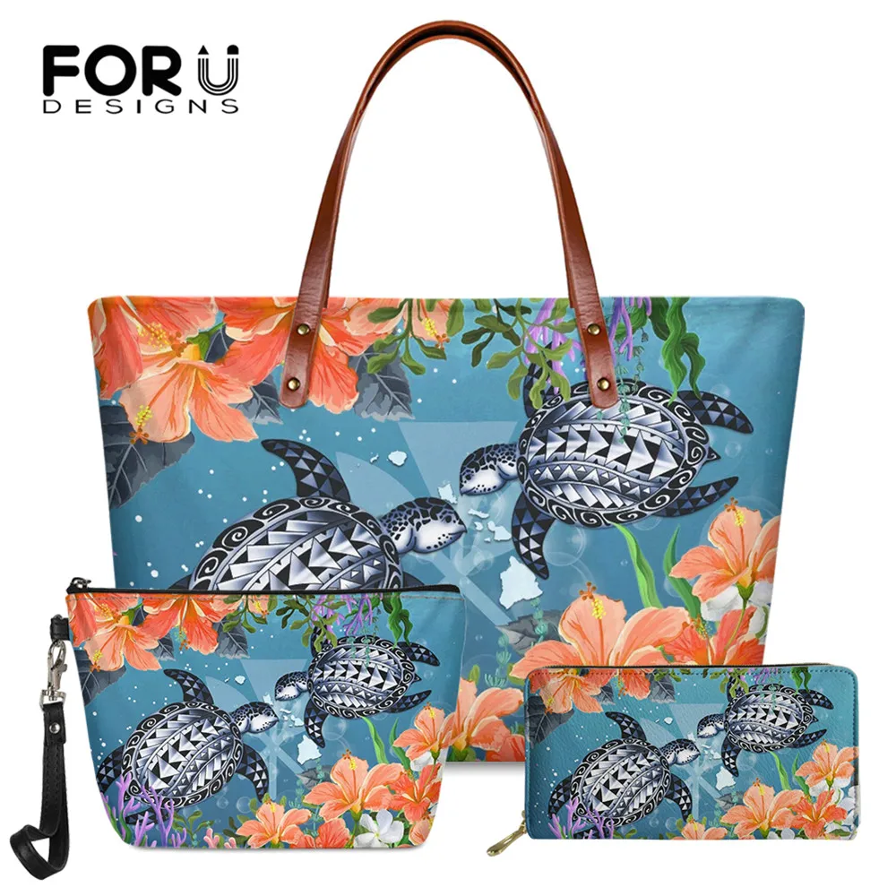 

FORUDESIGNS Handbag for Women Kanaka Maoli Polynesian Turtle Hibiscus Design Female Long Pu Leather Wallet&Big Soft Tote 3set