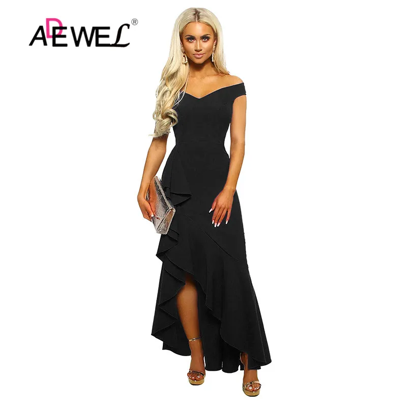 Женское платье с открытыми плечами ADEWEL Черное длинное вечернее v образным