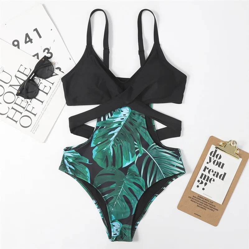 

2021 Leaf Print Swimsuit Ladies Tight One-Piece Swimsuit i Bikini sexy bikini bikini woman bra and panty set