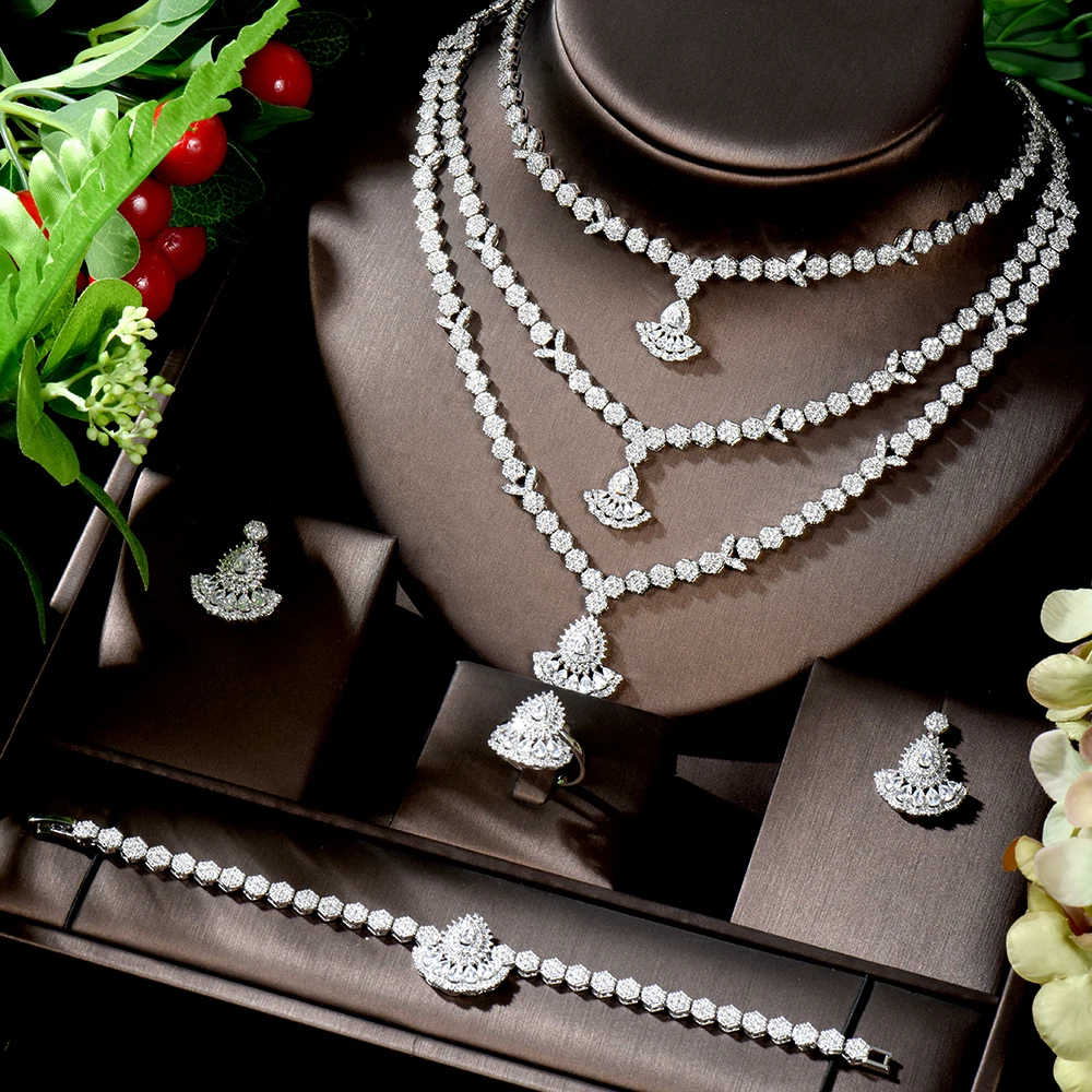 HIBRIDE сверкающие длинные CZ Дубаи Ювелирные наборы для женщин циркониевое ожерелье свадебные аксессуары женские модные женские серьги