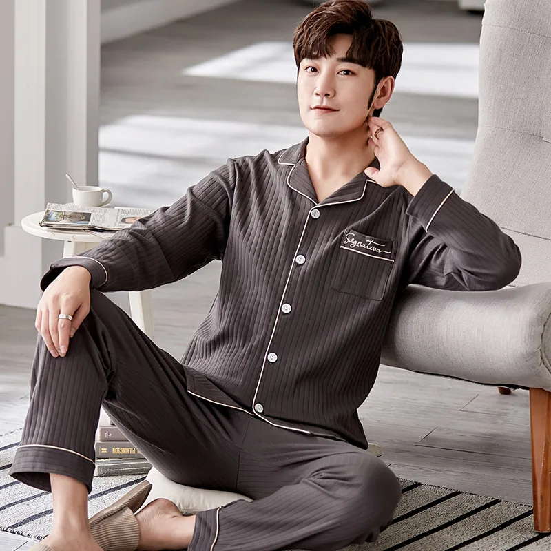 

Men's Loose Cotton 2PCS Pajamas Set L-3XL Spring Autumn New Home Wear Full Sleeve Cardigan&Pant Nightwear Casual Print Sleepwear