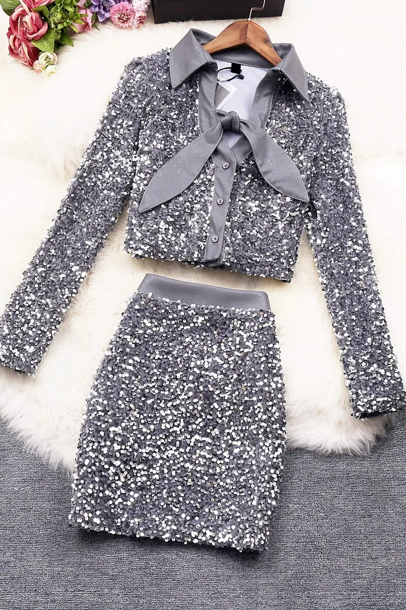 

Trendy Harajuku Set Women Spring 2021 New PU Spliced Shirt Jacket Top Slim Bodycon Skirt Girls Sequined Two Piece Suit Y1393