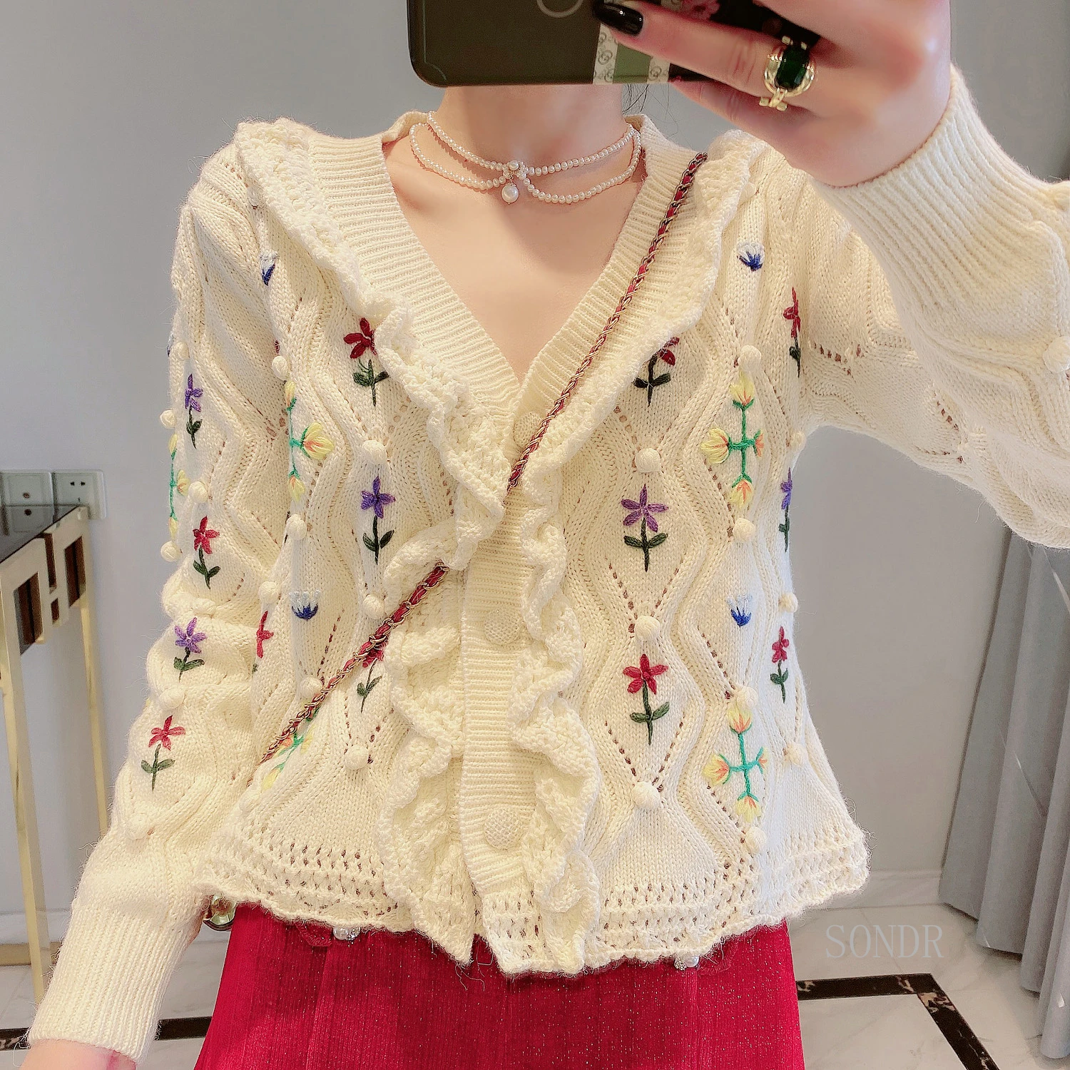 Hand Hook Flower Cardigan Crop Top with Hariball Ruffles V Neck Long Sleeve Knitted Cardigan Women Sweater Coat Vintage Tops