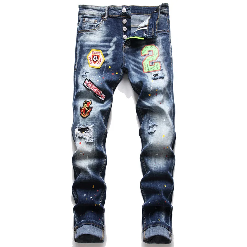 

Italian Fashion Brand Dsquared2 Washed, Worn, Ripped, Paint Dot, Men's Jeans skinny jeans men #1234