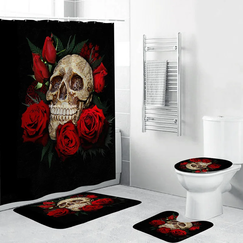 

Halloween Horror Skull Print Shower Curtain Waterproof and Mold Resistant Polyester Shower Curtain Hook Non-slip Shower Mat