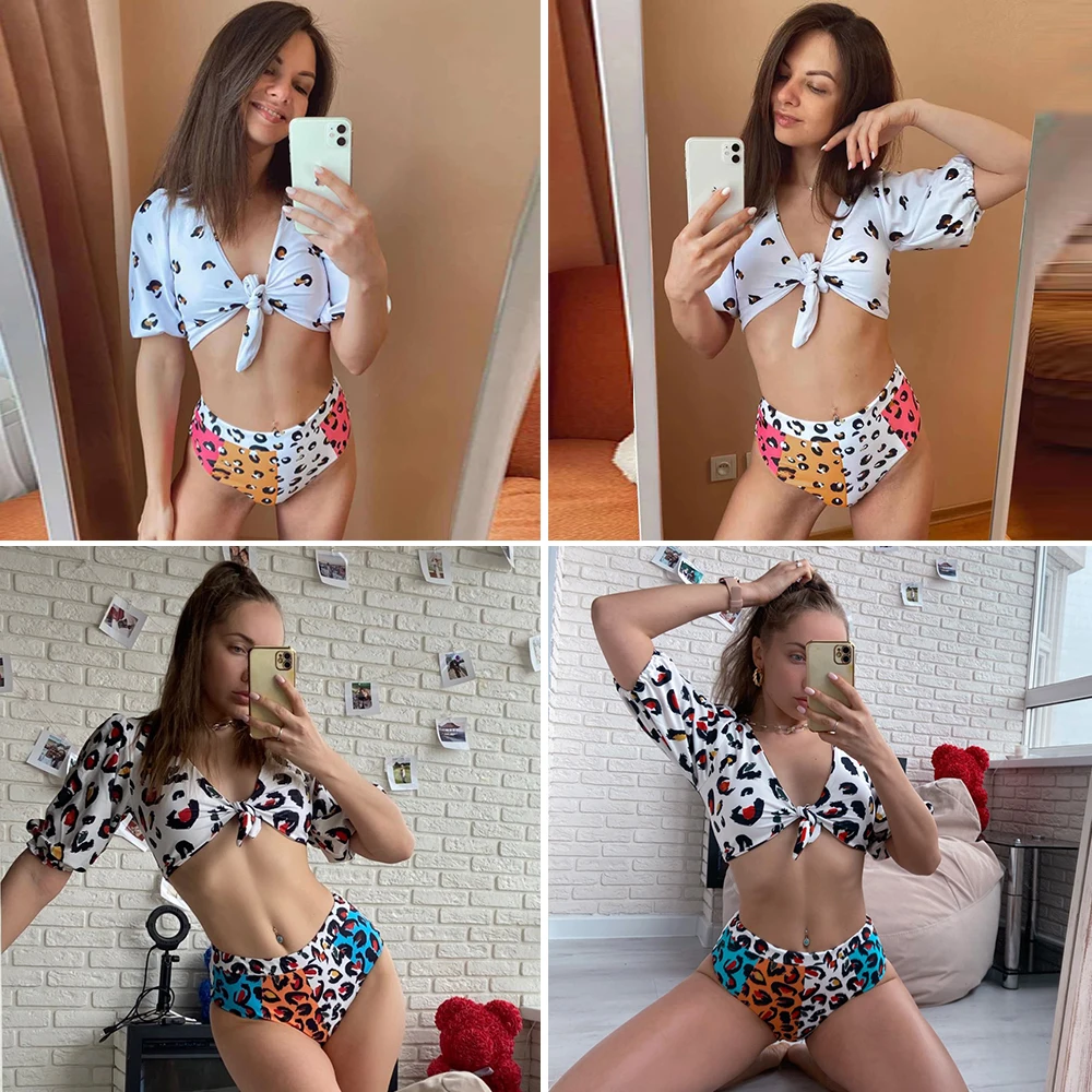 

With Cover Ups Women High Waist Swimsuit Short Sleeve Swimwear Bathing Suit Beachwear Biquini Female