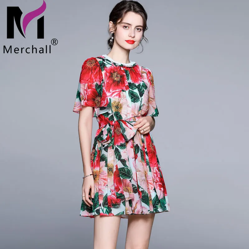 

Mercall 2021 Runway Summer Fashion Elegant Chiffon Bow Neck Mini Dress Woman Bohemian Holiday Beach Short Sleeve Dress M78676