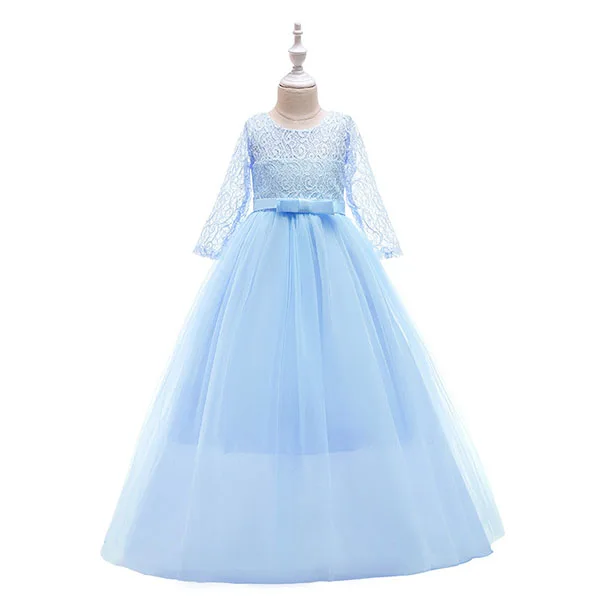 D0179-SkyBlue Кружевное платье с короткими рукавами для девочек; элегантные Детские платья для девочек 6-15 лет; фатиновое кружевное свадебное вечернее платье принцессы; одежда для детей - Color: D0179-SkyBlue
