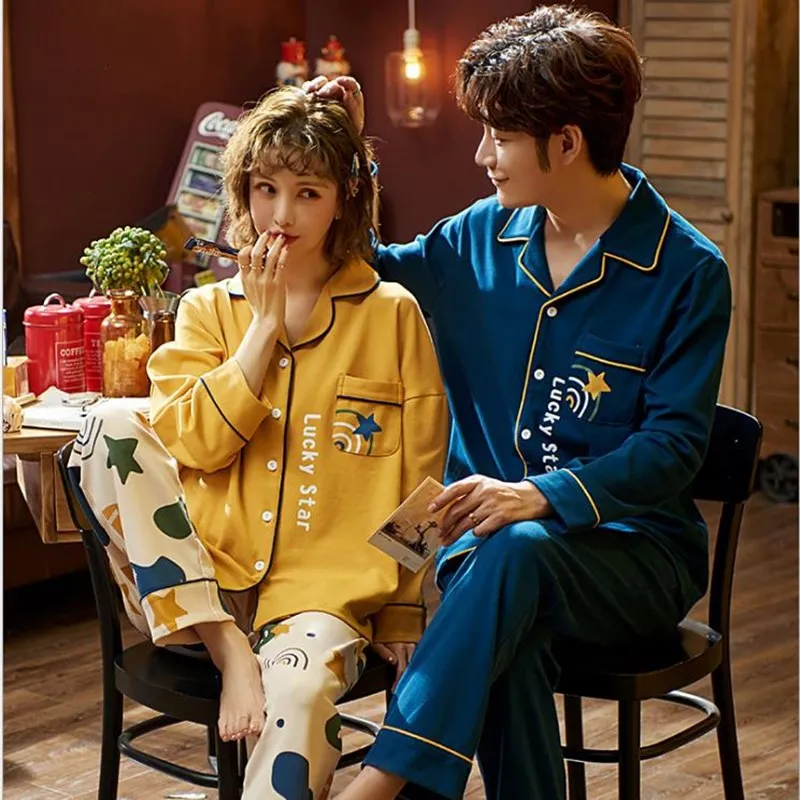 Couples Lovers Pajamas Set Cartoon Sleepwear Homesuit Moon Print Spring/Autumn Pijama Women's Men Night Wear Cotton Mujer Casual