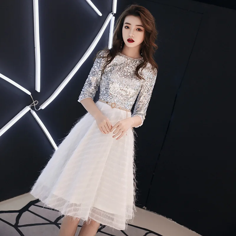 Женское короткое вечернее платье с круглым вырезом и блестками|Женские платья| |