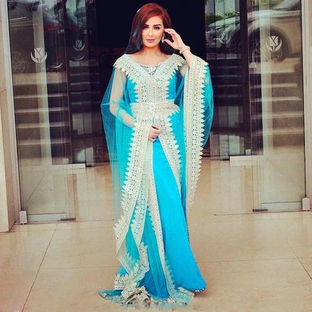 

Blue Chiffon Long Sleeve Evening Free Shipping Arabic Kaftans Evening Dress 2019 Vestidos De Gala Largos Formal Prom Dresses