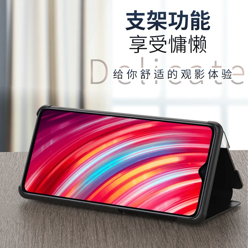 

Mirror PU Leather Phone Cover For Xiaomi Redmi Note 8 Pro 8T 8A Side Window Fashion Anti-fall shockproof PU Standing Smart Cover