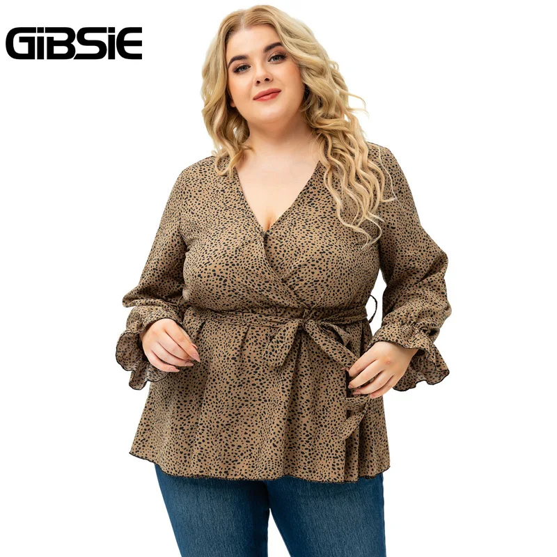 Женская блузка с длинным рукавом глубоким V-образным вырезом и поясом |