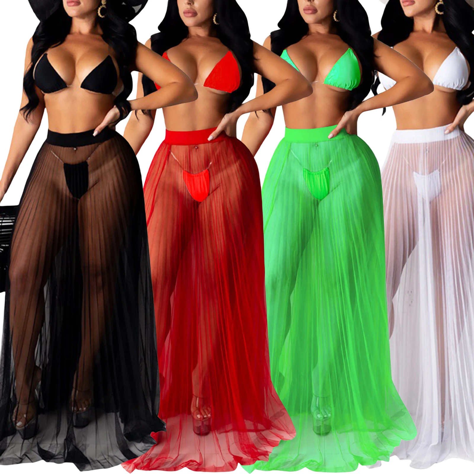 

Women Split Swimsuit Set, Solid Color Deep V-neck Bikini + Panties + High Waist Mesh Skirt for Summer