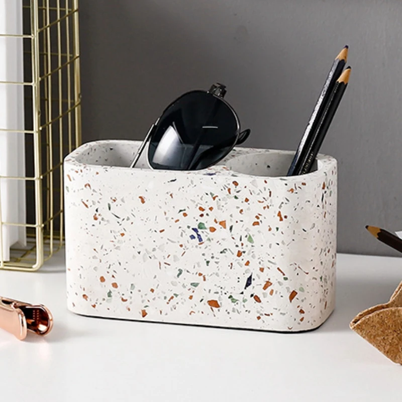 

Office Stationery Storage Box Terrazzo Two-Hole Pen Holder Stationery Box Student Pen Holder Makeup Brush Storage Box