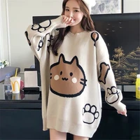 2021 cartoon cat print tops women knitting sweater o neck pullover jumper oversized sweater harajuku kawaii funny sweaters girl