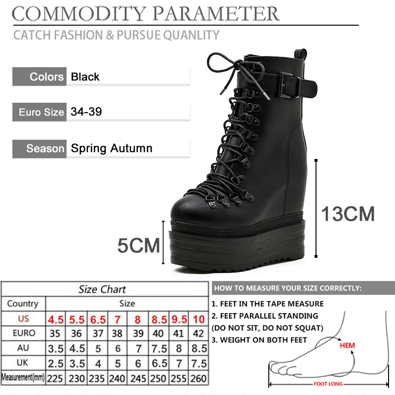 

BYQDY Wedge Heels Platform Boots For Woman Round Toe Fashion Buckle Lace-up Shoes 13CM High Height Mid-calf Footwear 34-39