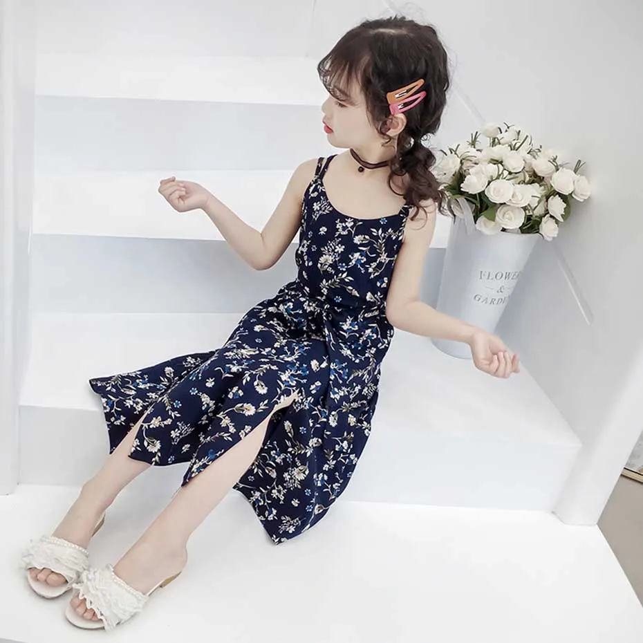 Летнее платье для девочек Платье на бретелях с цветочным принтом Обтягивающие