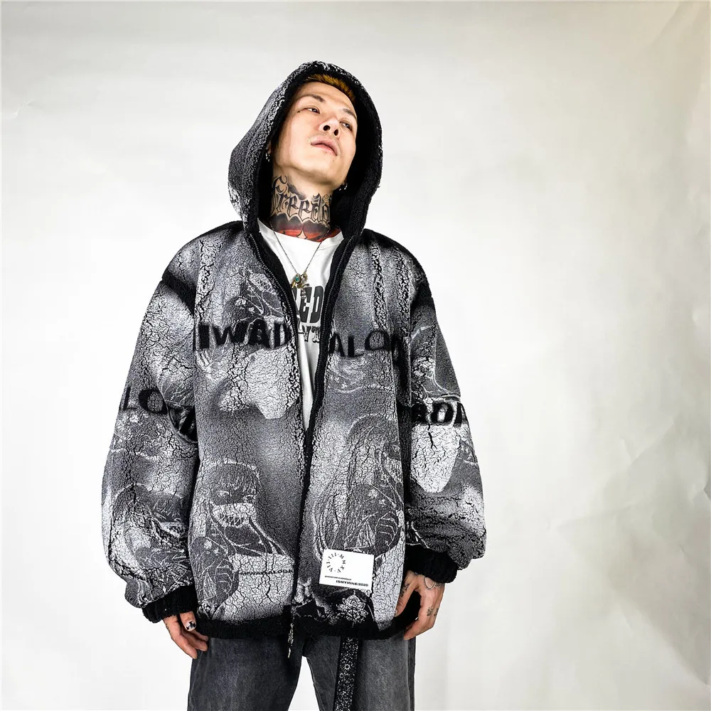 

Cartoon full print polar fleece cotton padded clothes men's ins European and American fashion brand Hooded Jacket Street trend