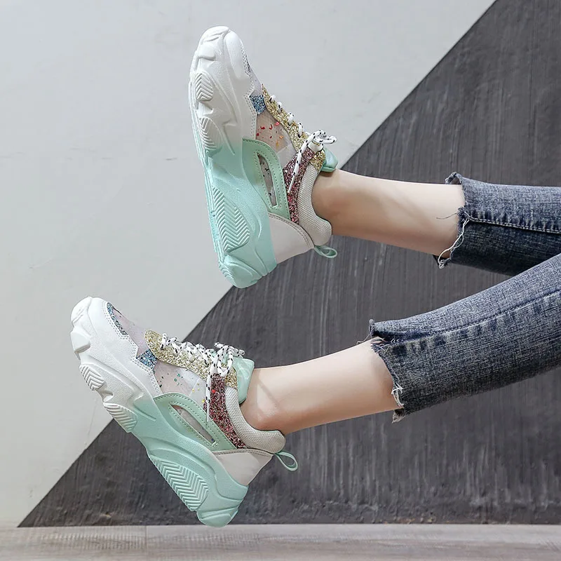 2020 женские модные кроссовки на массивной платформе со шнуровкой Обувь для