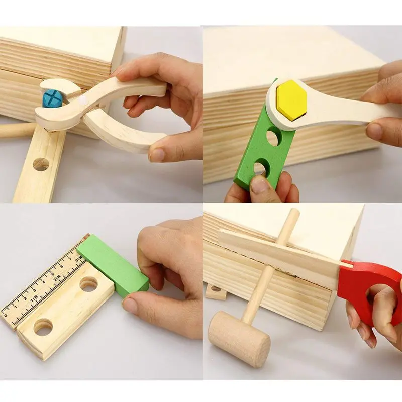 

Wooden Tool Toys Pretend Play Tool box Accessories Set Educational Construction Toys Kids