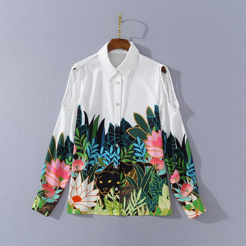 

European and American women's wear 2020 summer new style Hollowed-out shirts with long sleeves Printed shorts Fashion suits