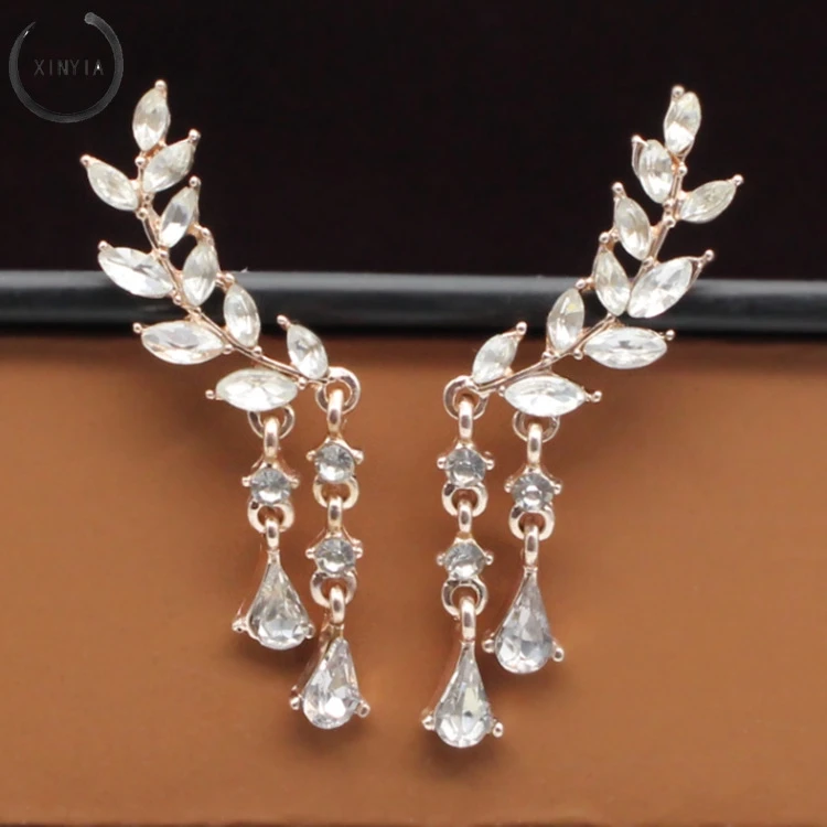 Модные длинные серьги подвески с кристаллами циркония в форме листа для женщин и
