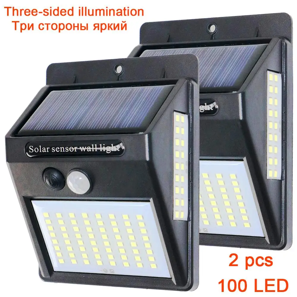 100LED - 2pcs Настенный светильник с датчиком движения PIR, 20, 35LED, 100LED, уличный светильник на солнечной энергии, уличный, уличный, водонепроницаемый, для двора, для дома, сада, лампа на солнечной энергии - Испускаемый цвет: 100LED - 2pcs