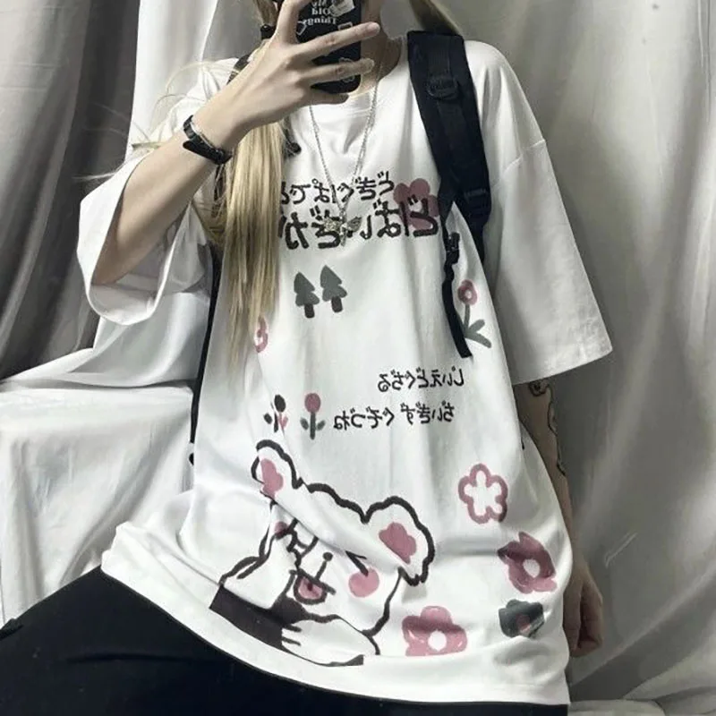 

Harajuku Naughty Bear Print Femme T-shirts 2021 Streetwear Floral Alt Clothes Aesthetic Summer Purple MINGLIUSILI T Shirt
