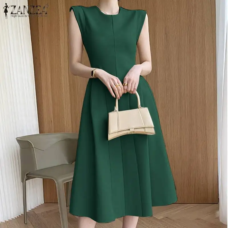 

ZANZEA Elegant Autumn Sleeveless Lady Retro Solid Kaftan Dress Oversize Party Zipper Work Midi Dress A-Line Party Tank Sundress