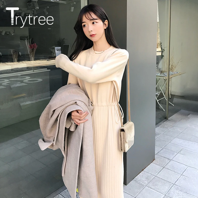 Trytree осенне зимнее женское Повседневное платье с круглым вырезом трикотажное