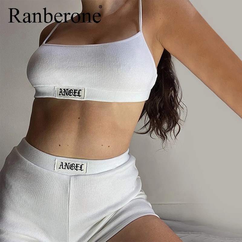 Ranberone 2 Piece Set Yoga Sets Sports Vest + Running Shorts Women Gym Clothes Sexy Outfit White And Black Fitness Sportswear