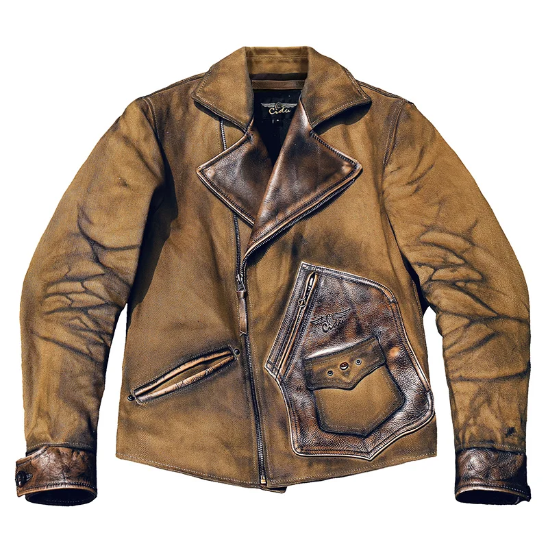 

CDJ-72 Cidu Read Description! Asian Size Genuine Cow Leather Super Heavy Waterproof Canvas Coat Cowhide Wax Aged Looking Jacket