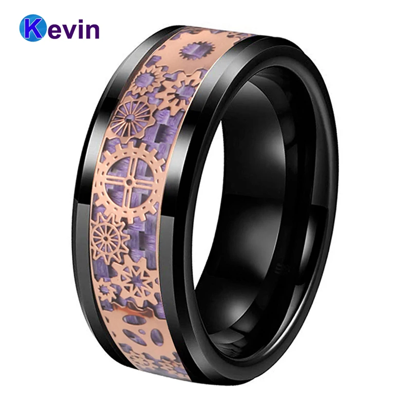 Черное обручальное кольцо вольфрамовое 8 мм с механическим зубчатым колесом из
