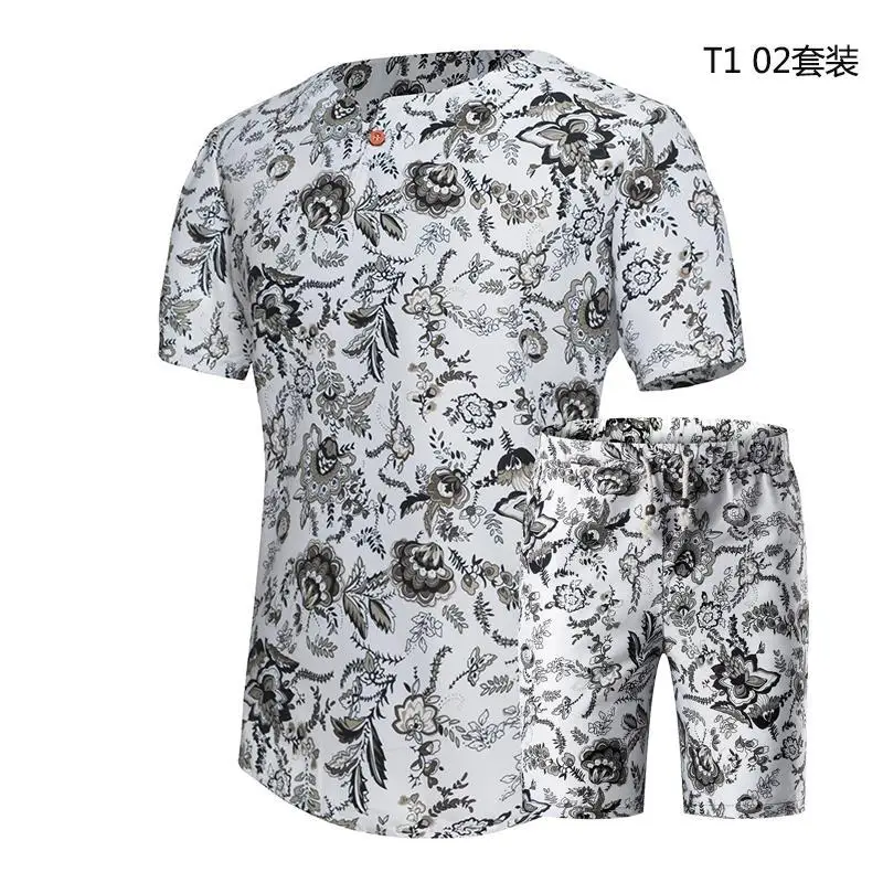 

Костюм спортивный мужской из 2 предметов, гавайская рубашка с принтом, Повседневная модная футболка с V-образным вырезом и шорты, летняя одеж...