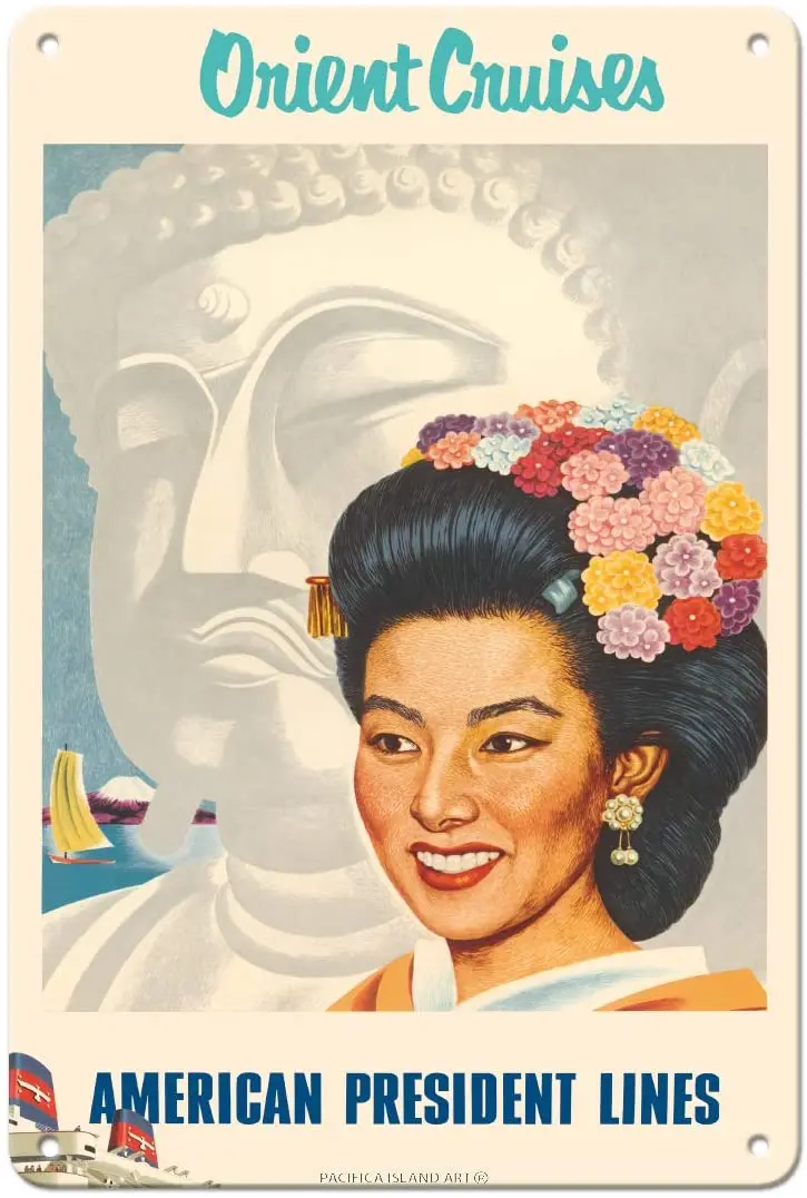 

Pacifica Island Art Orient Cruises - Japanese Woman, Buddha - American President Lines - Vintage Ocean Liner Travel Poster