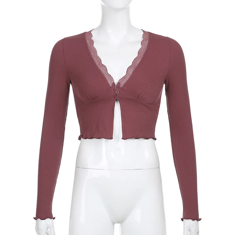 

Zoom Lange Mouwen Bruin Short T-shirts Vintage Esthetiek Top accessory tee Zoete Diepe V-hals Lace Trim Crop knitting Tops