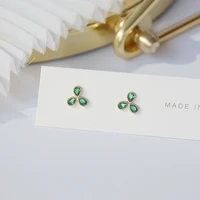 green crystal clover 3 leaves earrings for women feminia korean 14k real gold stud earrings wedding engagement gift accessories