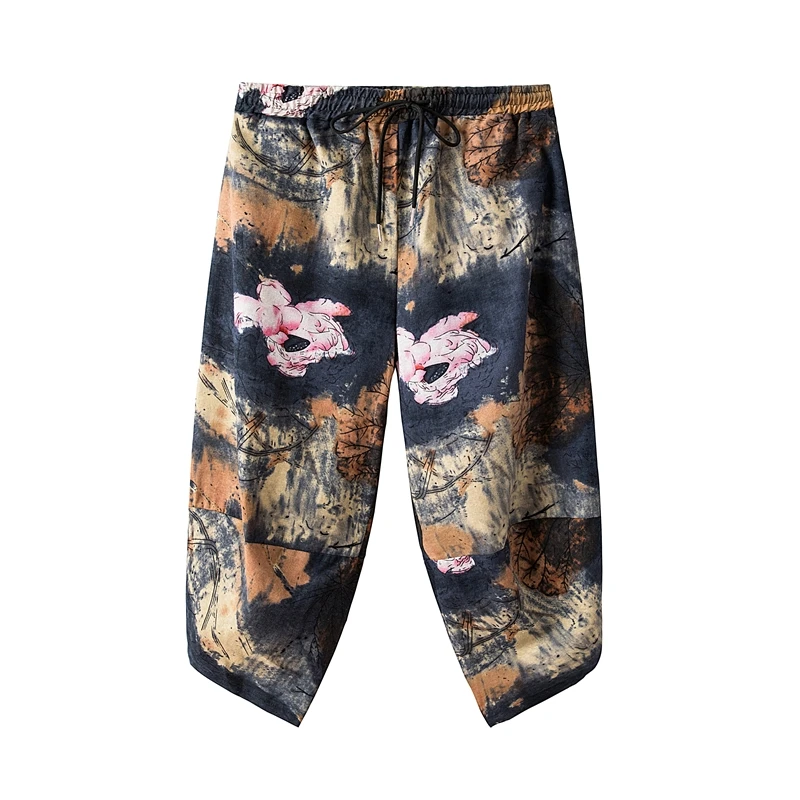 

2021 Dropshipping New Korean Style Male Harem Pants Men Calf Length Printed Cotton Linen Bermuda Masculina Male Pants Streetwear