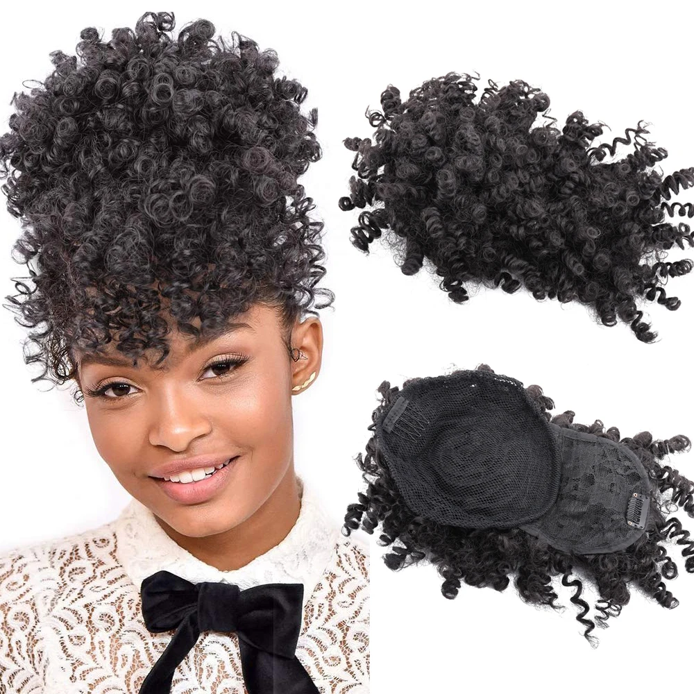 

Drawstring Ponytail With Bang Afro Puff Kinky Curly Hair Extension Synthetic Clip in Pony Tail African American Hair Extension
