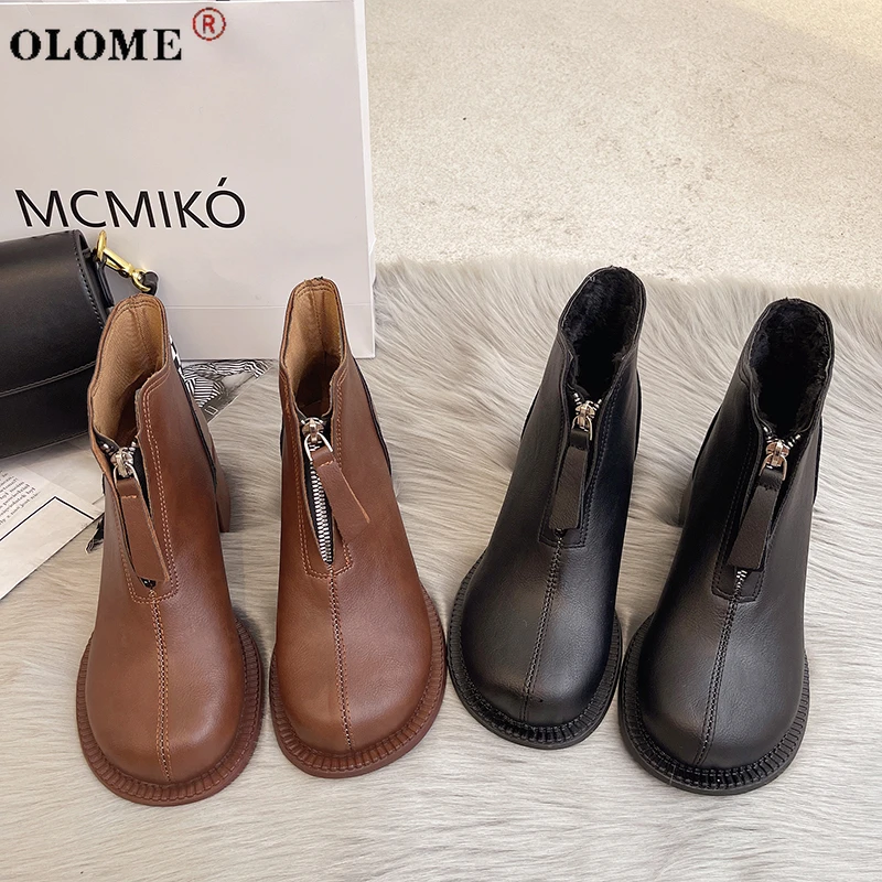 

2021 New Autumn and Winter Ladies Nude Boots Retro Zipper High-heeled Women's Boots Thick-heeled Women's Shoes Black Brown