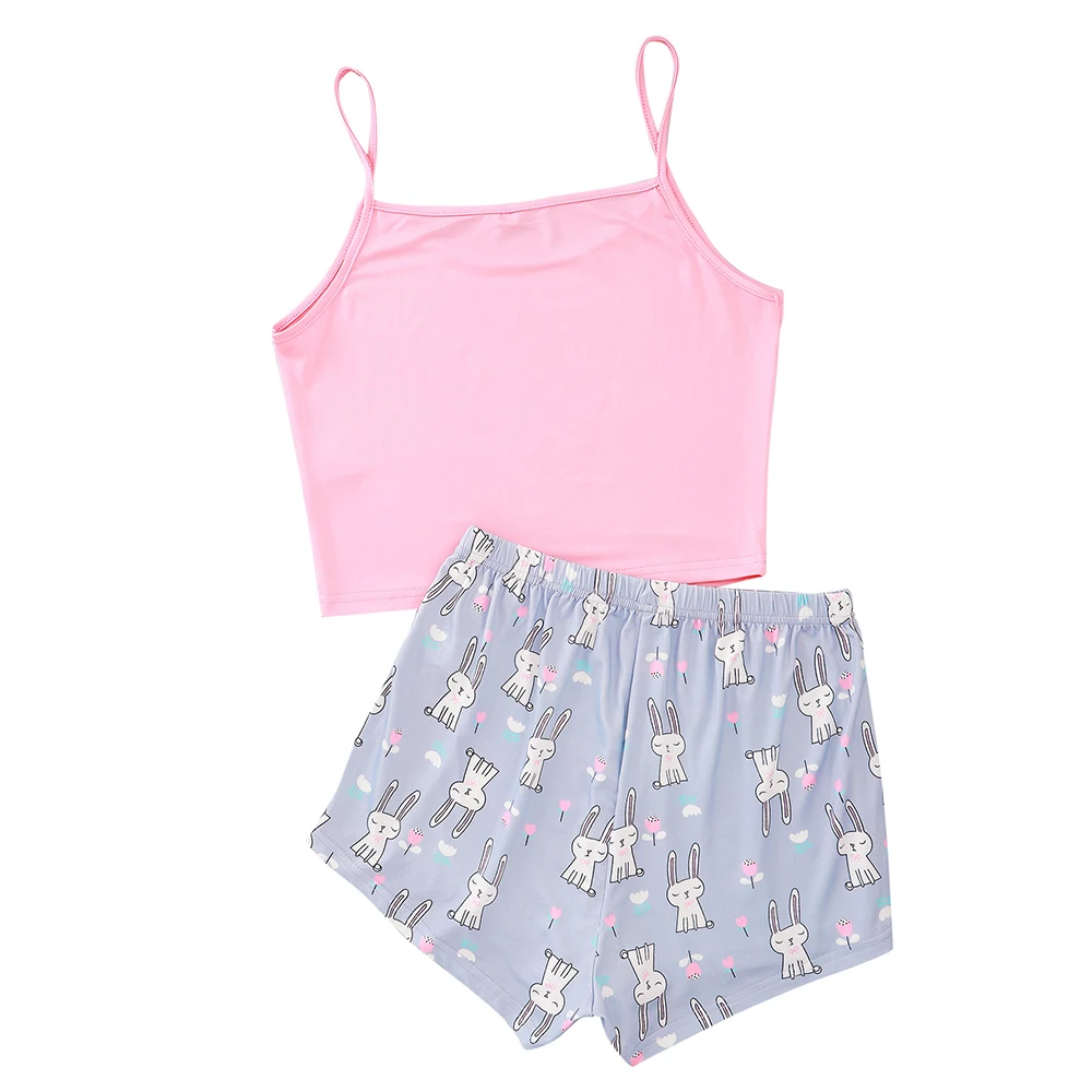 

Pink Spaghetti Strap 2pcs Women Pajama Sets Round Neck Crop Tops Elastic Waist Shorts Rabbit Print Loungewear Suit Lady Clothing
