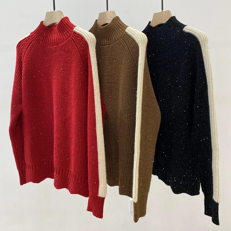 

Sweater Half Women High Neck Bright Silk Contrast Wool Blend Three-color Pullover Sweater