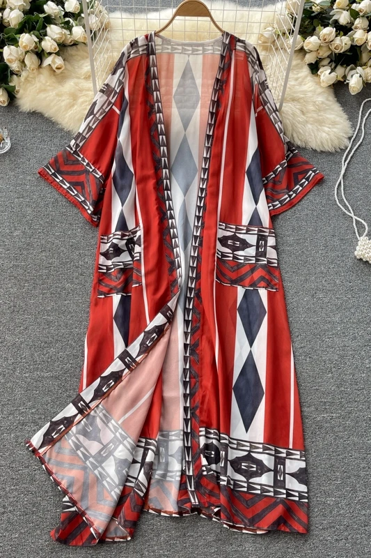 

Retro Vacation Sun Protection Cardigan Thin Women's Color Matching Plaid Long Coat Female Korean Plus Size Straight Shirt