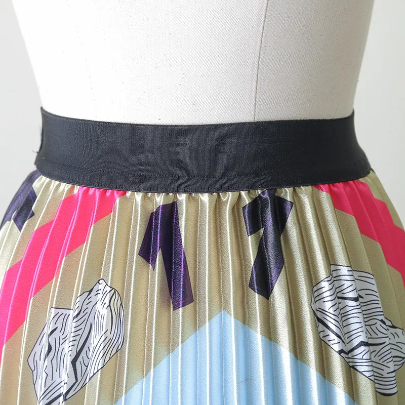 

2021 New Spring Fashion Designers Elasitc Waist Cartoon Print Casual Cute Midi Pleated Skirts Womens Clothing Elegant Lady