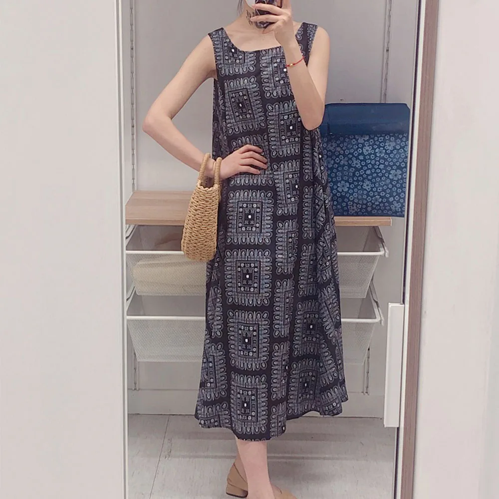 

Summer 2021 Korean Fashion Sleeveless Round Neck Japanese Style Long Women's Dress Simple Printing Loose Casual