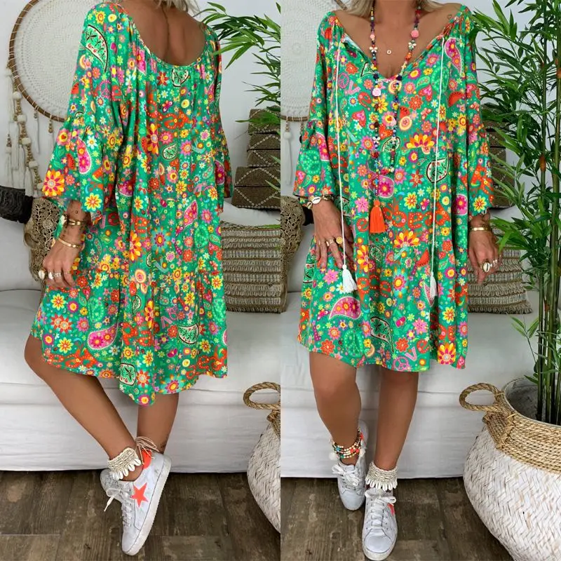 Helisopus Summer Plus Size Women Boho Floral Print Dress Casual Loose Deep V Neck Holiday Beach Shirt Dress Vestido